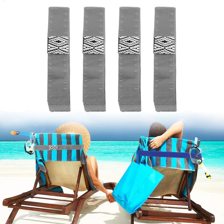 Set 4 Benzi pentru mentinerea prosopului – SecureGrip BeachLine, Material Elastic, Rezistenta Crescuta, Solutie Practica, Fixare Ferma, Potrivita pentru Toate Dimensiunile Standard de Prosop, Accesoriu Inedit, 100x5 cm, Gri