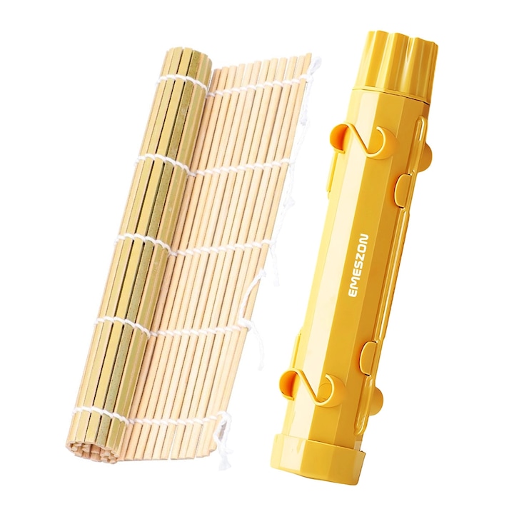 Set complet Sushi Rolls 2, EMESZON®, Aparat manual de rulat Sushi, Kit complet cu forma Sushi si rola bambus, Lavabil in masina de spalat vase, Gadget bucatarie Japoneza, ideal pentru Sushi lovers si pasionatii de bucataria Asiatica, galben