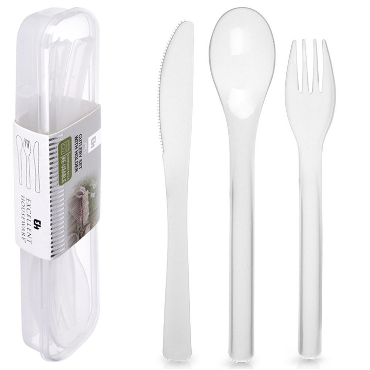 Комплект от 4 туристически прибора за хранене, отлични домакински принадлежности, 17,5x17,5x19x20x4,5x3 см, прозрачен, изработен от прозрачен материал, за многократна употреба, подходящ за съдомиялна машина, практичен калъф за съхранение