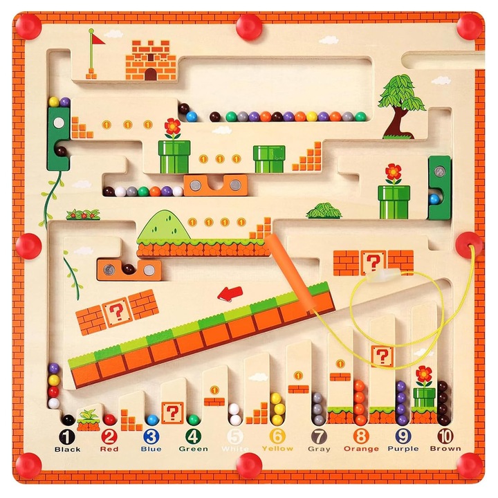 Labirint Montessori din lemn, Pixel, 29,5x29,5cm, 55 mingi magnetice, multicolor, pentru copii 3+