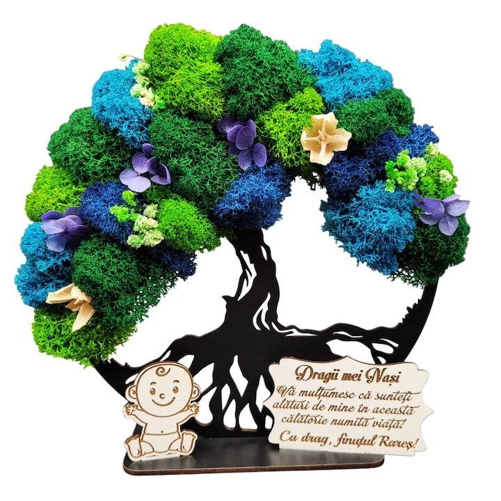 Tablou copacul vietii personalizat cu mesaj pentru Nasi de Botez, Licheni naturali stabilizati, Lemn, 20 cm
