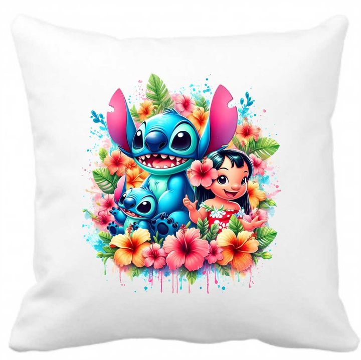 Perna personalizata cu imprimeu LILO-STITCH-1, 40 x 40 cm, poliester, alba, CRD PRINT, 330ml, alba