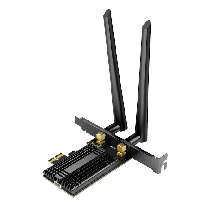 Placa de retea 2 in 1 WiFi 7 Bluetooth 5.4 PCI-E Intel BE200, 8774mbps, Tri-Band 6GHz/5GHz/2.4GHz, MU-MIMO, WPA3, Antene Detasabile, RiKbo®
