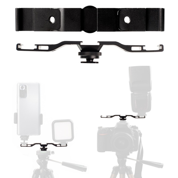 Adaptor sina, universal, pentru camera, 15 cm, 1/4 inch, 3 suporturi, 3 filete interne, aluminiu, 42 g, suport multifunctional pentru cold shoe camera