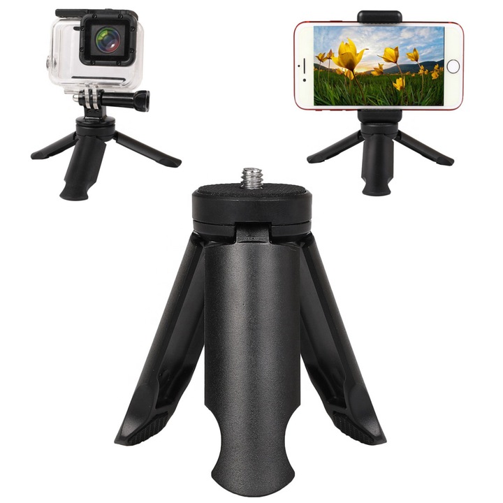 Trepied mini, None, Mini tripod, 4.5 cm - 7.5 cm, Capacitate de incarcare 1.5 kg, Constructie din material ABS, Picioare extensibile cu blocare, Picioare echipate cu material antiderapant, Montura standard cu filet de 1/4"
