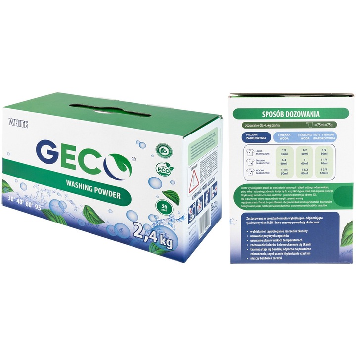 Mosószer, Geco, Fehér, 2,4 kg, Ökológiai, Hipoallergén, Vegyszermentes, Kézi és gépi mosásra, Folteltávolító, Biológiailag lebomló, Foszfátmentes, SLS-mentes, Klórmentes, Tartósítószer-mentes, Újrahasznosítható csomagolás, Illatanyagmentes, Organikus