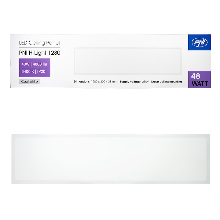 LED панел PNI H-Light 1230 48W, 1200x300mm, 4800lm, 6400K, за вътрешен монтаж, вграден