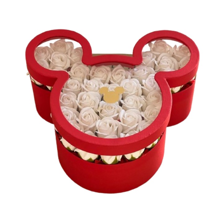Aranjament din trandafiri de sapun Mickey Mouse, H 13cm x L 27cm x l 24cm, parfumati, ideal pentru cadouri speciale