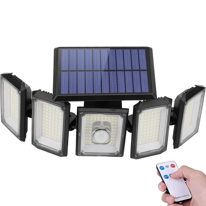 Techone® SolarPentashine Соларна лампа с 5 светлини, батерия 4000 mAh, 3W 5.5V соларен панел, 5 светлинни панела, въртящи се нагоре-надолу, ляво-дясно, водоустойчива, дистанционно управление, 3 режима на осветление, черна