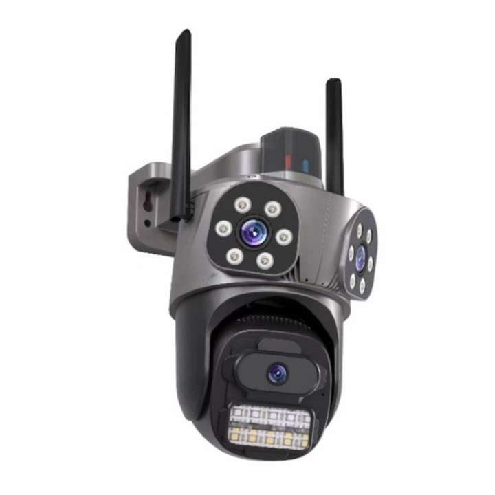 Тройна външна камера, WiFi, аларма, 24 LED диода, 64GB памет, Модел с приложение iCSee, Размер: Стандартен, Цвят: Си/черен