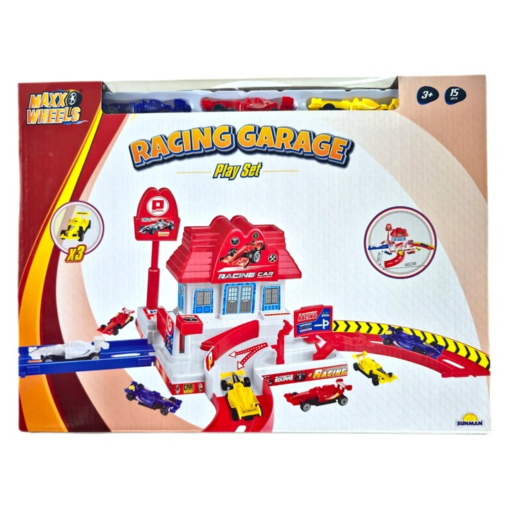 Set de joaca ANGMAD, Garaj de curse, continut: 3 masinute de Formula 1, 1 asamblu de joaca care imita o un garaj de curse, multicolor, varsta min. rec. 3ani+
