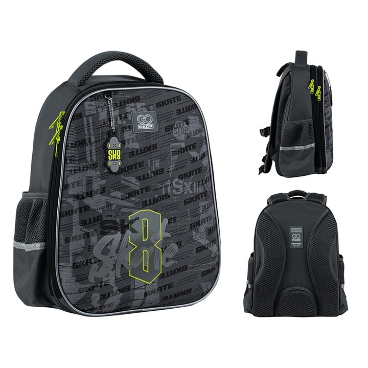 Ghiozdan ergonomic scolar, pentru baite, rama rigida, 6–10 ani, mov cu imprimeu 3D, GoPack