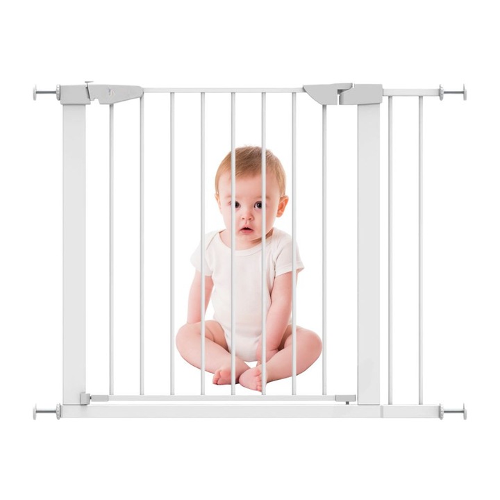 Bariera de siguranta pentru copii cu Extensie– SafeNest Extend, Inchidere Automata, Montaj Rapid, Sistem de Blocare Dublu, Margini Rotunjite, Cadru Metalic, Extensie Atasabila, Deschidere in Ambele Sensuri, Dimensiuni 76x75–95 cm, Alb Lucios