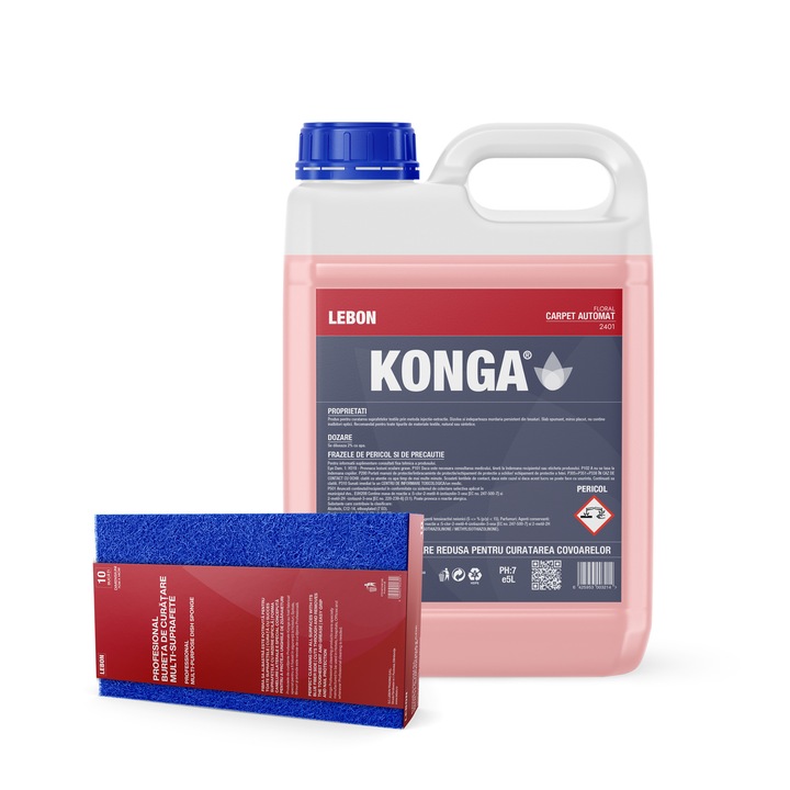 Detergent Profesional Concentrat cu Spumare Redusa Pentru Covoare, Mochete si Tapiterii, 5000ml, Parfum Floral + Burete de curatare profesional pentru multi-suprafete - Albastru cu galben - 10 bucati / pachet