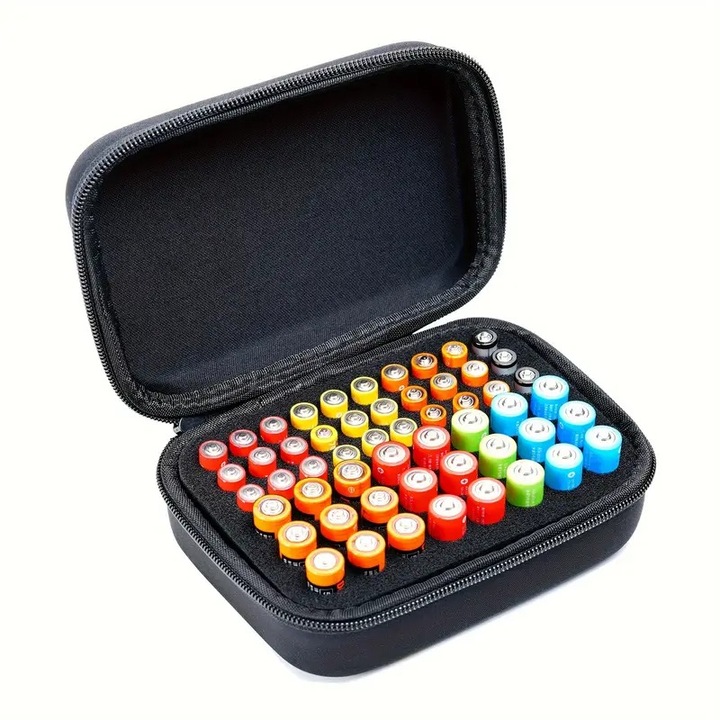 Organizator Baterii Tip Geanta Depozitare KD Home® VoltKeeper, 24 Baterii AA, 30 Baterii AAA, Dimensiune 18 x 14 cm, Compatibil Sticlute Uleiuri Esentiale, Negru