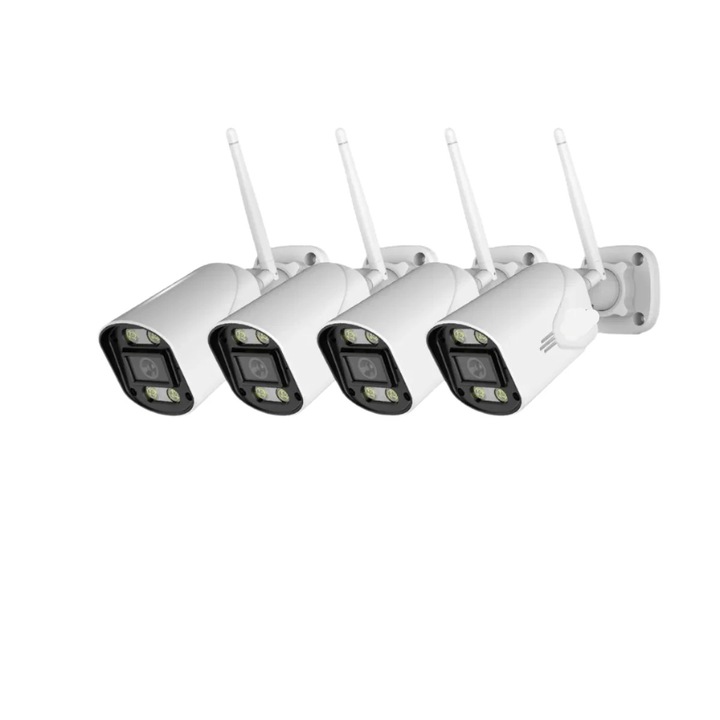 Vezeték nélküli CCTV rendszer, 4 db 3MP-es kamera, kétirányú hangátvitel, mesterséges intelligenciával hajtott éjjellátó, 4 csatorna, fehér