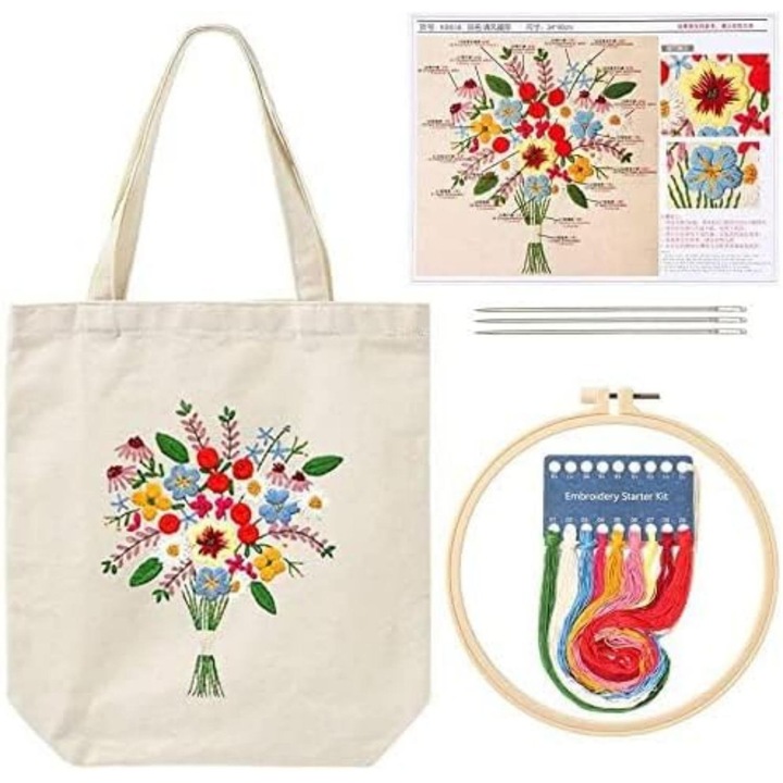Kit de broderie, Set broderie, geanta din panza, Geanta Tote Canvas cu Model, pentru adulti si incepatori, include geanta de brodat, gherghef, ate colorate si unelte, 34x39cm, Bej