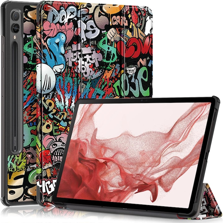Husa tableta pentru, Samsung Galaxy Tab S9 FE+ / S9 FE Plus 12.4"(SM-X610/X616), auto functie sleep/wake tip stand, Graffiti