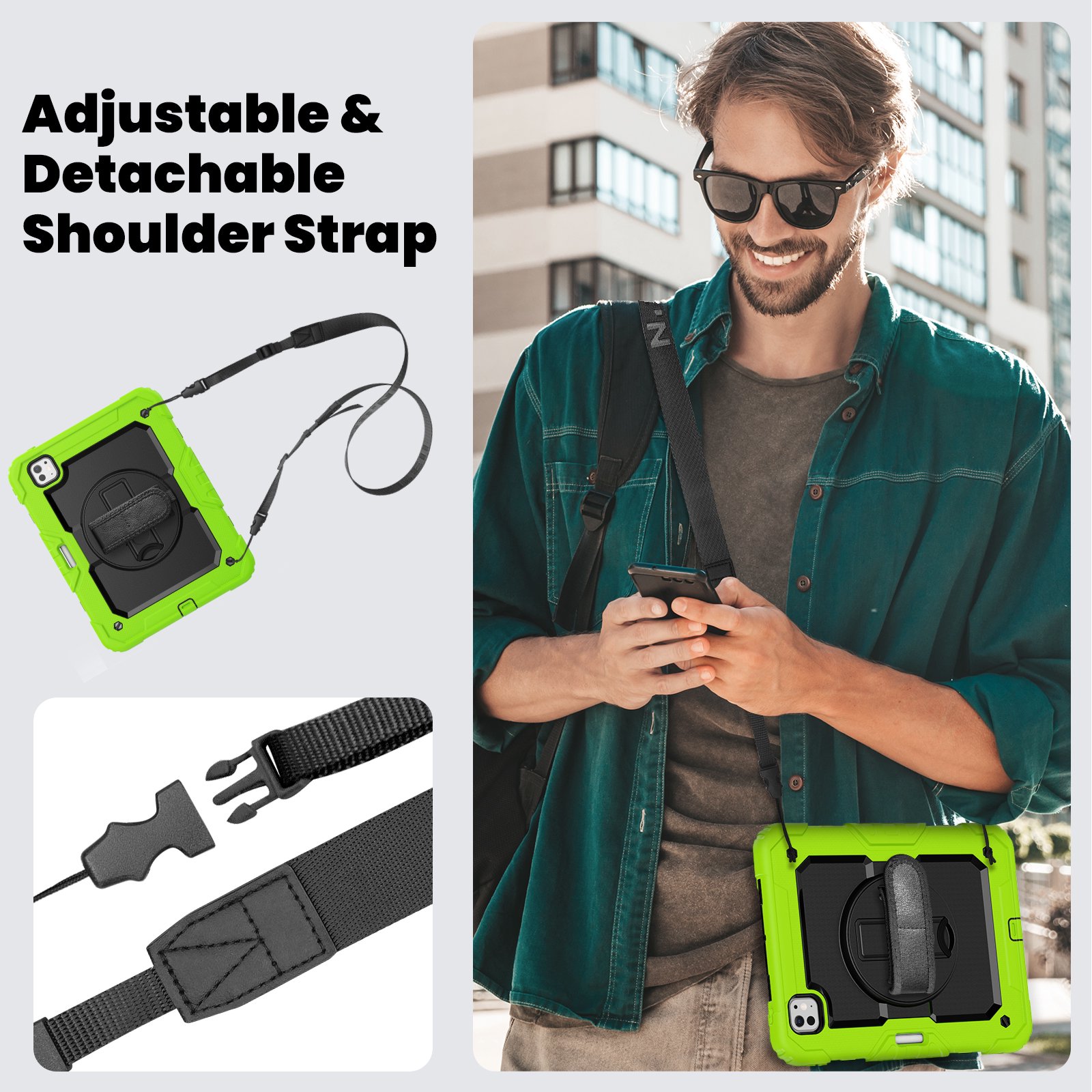 Husa tableta compatibila iPad Pro 11 / iPad Air 4 5 (10.9 inch), protectie 3 in 1 Silicon + PC, Verde-Negru, rotativa