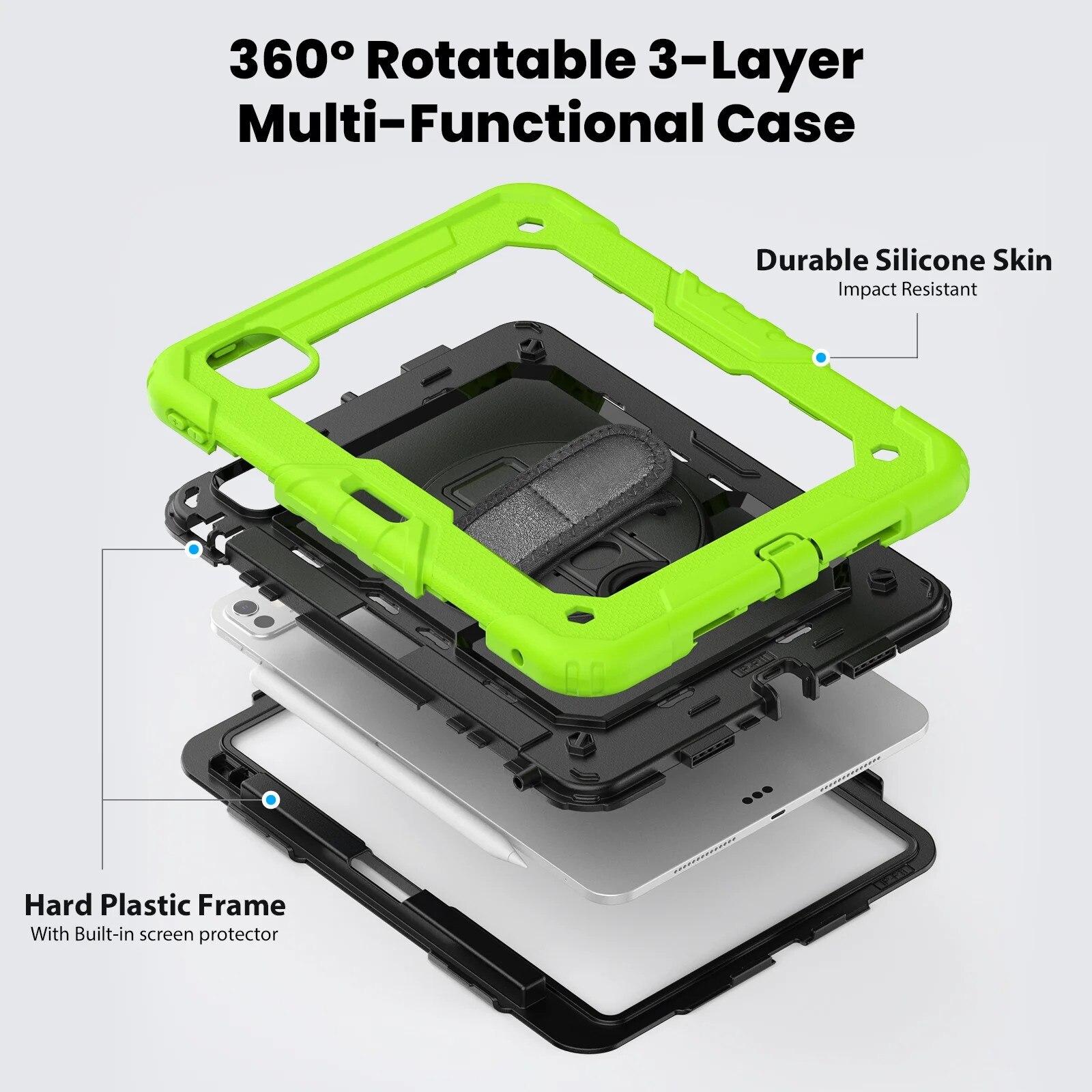 Husa tableta compatibila iPad Pro 11 / iPad Air 4 5 (10.9 inch), protectie 3 in 1 Silicon + PC, Verde-Negru, rotativa
