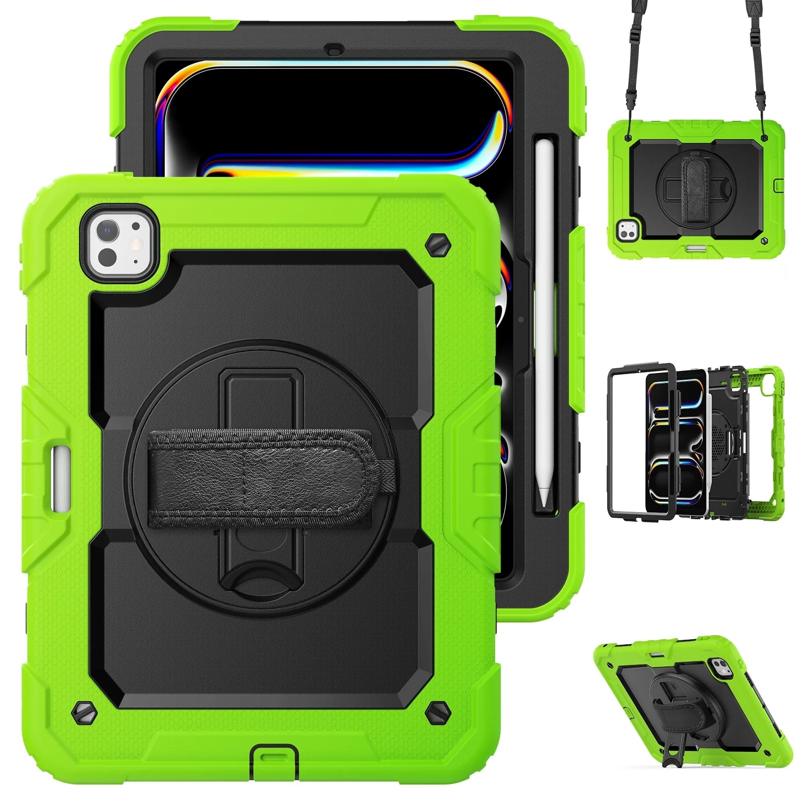 Husa tableta compatibila iPad Pro 11 / iPad Air 4 5 (10.9 inch), protectie 3 in 1 Silicon + PC, Verde-Negru, rotativa