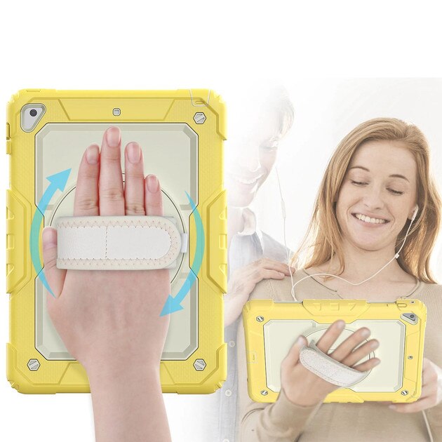 Husa de protectie 360° iPad 9.7” 2017/2018, galben/alb, rezistenta la socuri, cu suport rotativ si curea