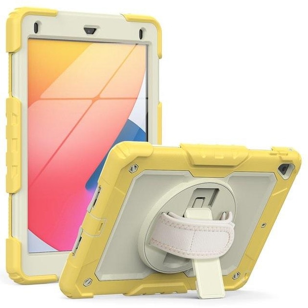 Husa de protectie 360° iPad 9.7” 2017/2018, galben/alb, rezistenta la socuri, cu suport rotativ si curea