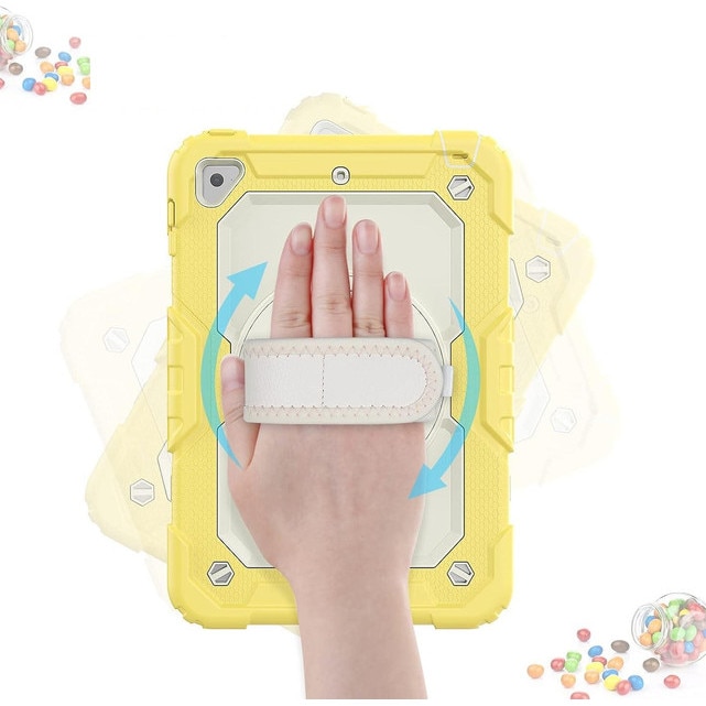 Husa de protectie 360° iPad 9.7” 2017/2018, galben/alb, rezistenta la socuri, cu suport rotativ si curea