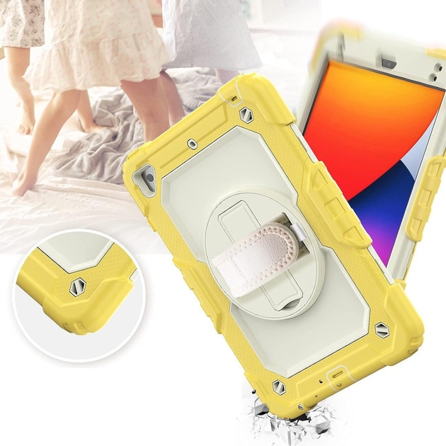 Husa de protectie 360° iPad 9.7” 2017/2018, galben/alb, rezistenta la socuri, cu suport rotativ si curea
