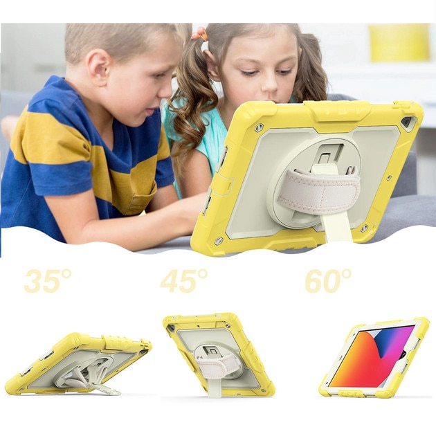 Husa de protectie 360° iPad 9.7” 2017/2018, galben/alb, rezistenta la socuri, cu suport rotativ si curea