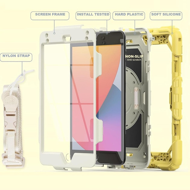 Husa de protectie 360° iPad 9.7” 2017/2018, galben/alb, rezistenta la socuri, cu suport rotativ si curea