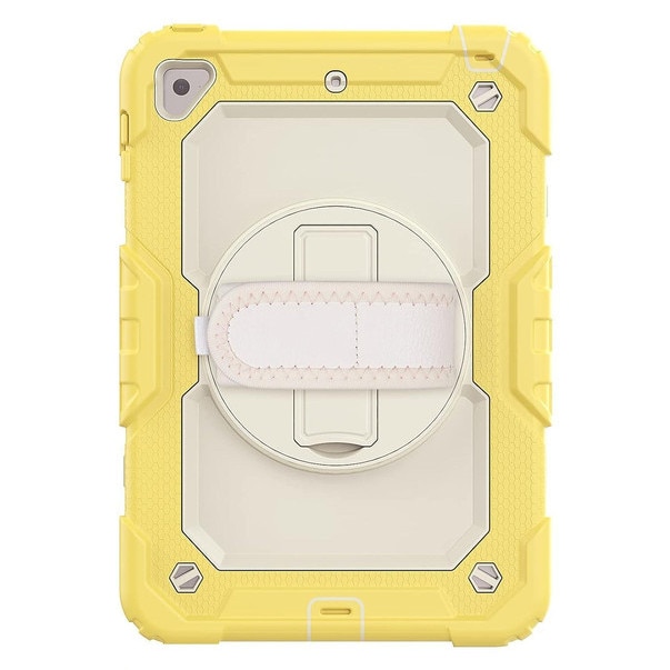 Husa de protectie 360° iPad 9.7” 2017/2018, galben/alb, rezistenta la socuri, cu suport rotativ si curea