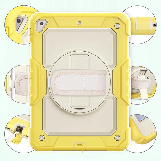 Husa de protectie 360° iPad 9.7” 2017/2018, galben/alb, rezistenta la socuri, cu suport rotativ si curea