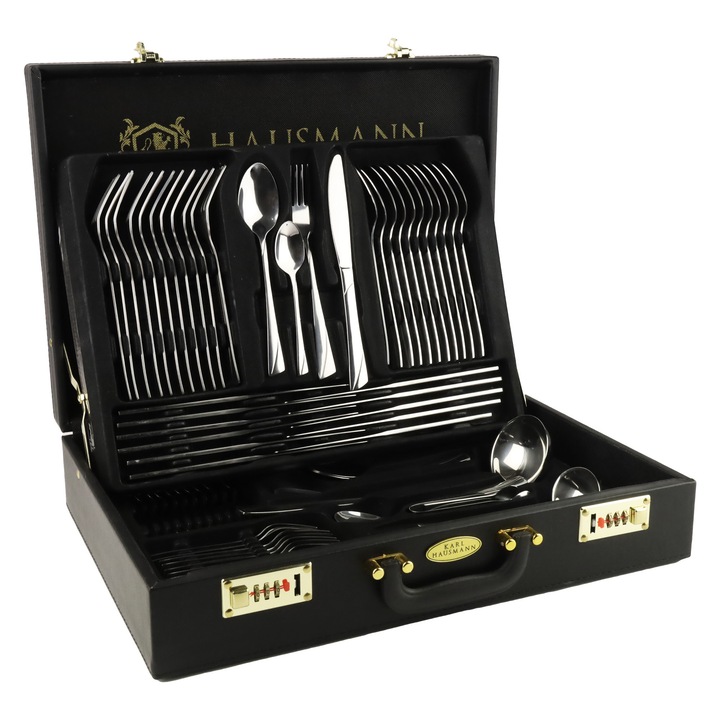 Evőeszközkészlet 12 főre, bőrönddel – 18/0 rozsdamentes acél, elegáns, ideális ajándék, Karl Hausmann Emma, 72 darabos