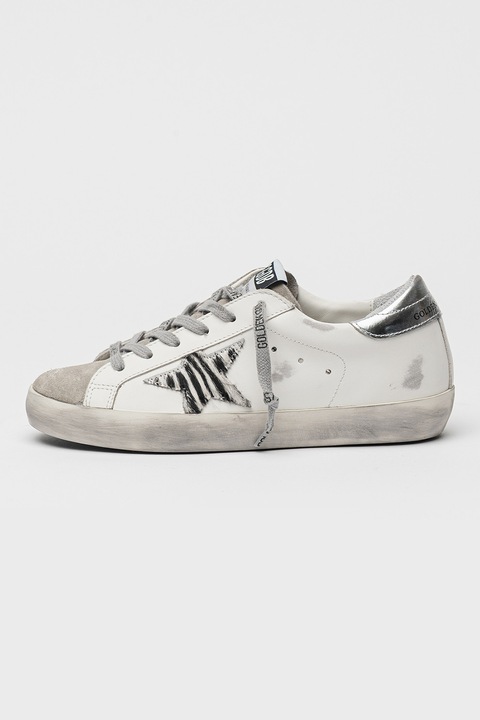 GOLDEN GOOSE, Super-Star Classic viseltes hatású bőrsneaker, Fehér/Fekete