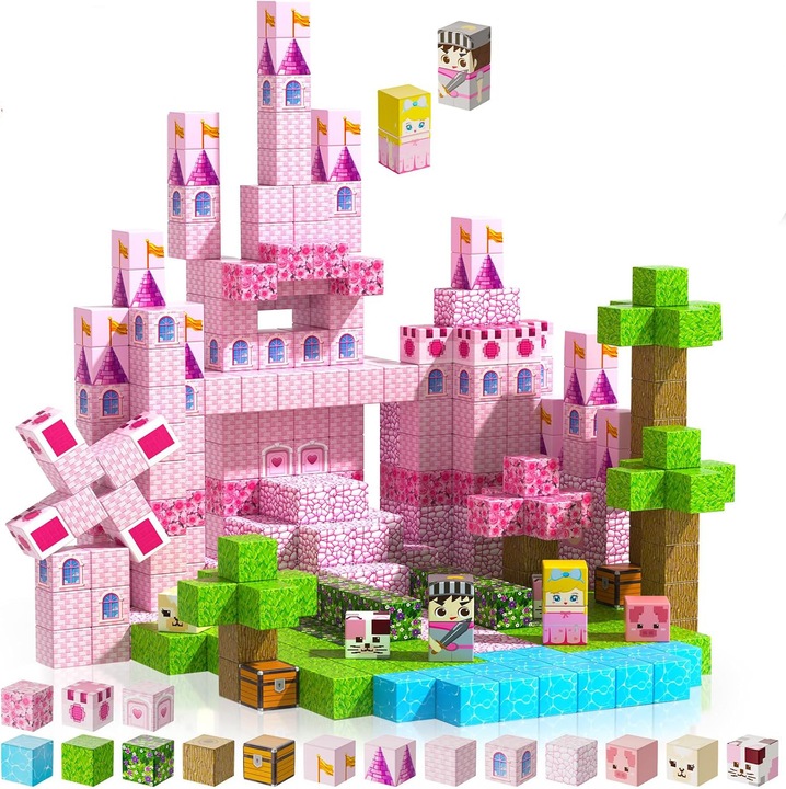 Магнитни строителни блокчета, Линкер, Градината на замъка на принцесата, 100 бр., STEM образователна игра за креативност, развитие на двигателни умения, креативност и когнитивно развитие, Монтесори креативни играчки за деца 4, 5, 6 и 7 години