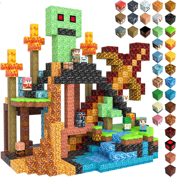 Blocuri de constructie magnetice, lynker, Compatibile Minecraft, Lumea interlopa, 100 pcs, joc educativ STEM pentru creativitate, dezvoltare abilitati motorii, creativitate si dezvoltare cognitiva, jucarii creative Montessori de la 4 5 6 7 ani