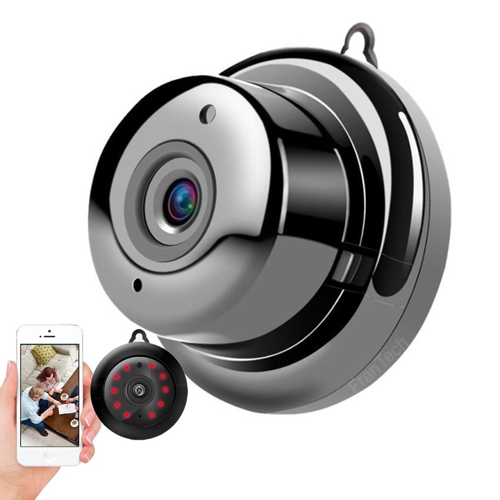 Мини шпионска камера BIGLISTENING, Безжична WiFi HD видеокамера, Детектор на движение, Нощно виждане, HD 1080p, Функция за домофон, Аудио-видео функция, 16GB карта, Съвместима с iOS/Android, Черен