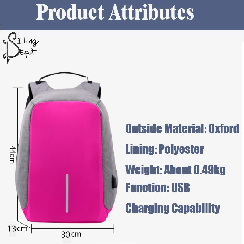 Rucsac Laptop SELLING DEPOT, 14 inch, Port USB, Poliester Rezistent, Compartiment Laptop, Calatorie, Scoala sau Birou, Roz