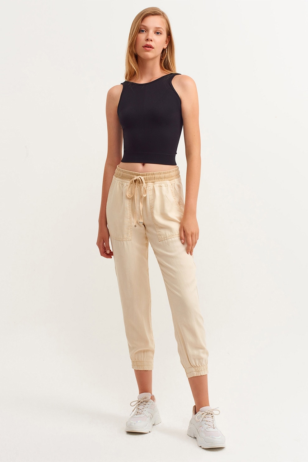 OXXO, Pantaloni crop din lyocell cu snur, Bej deschis, 2XL