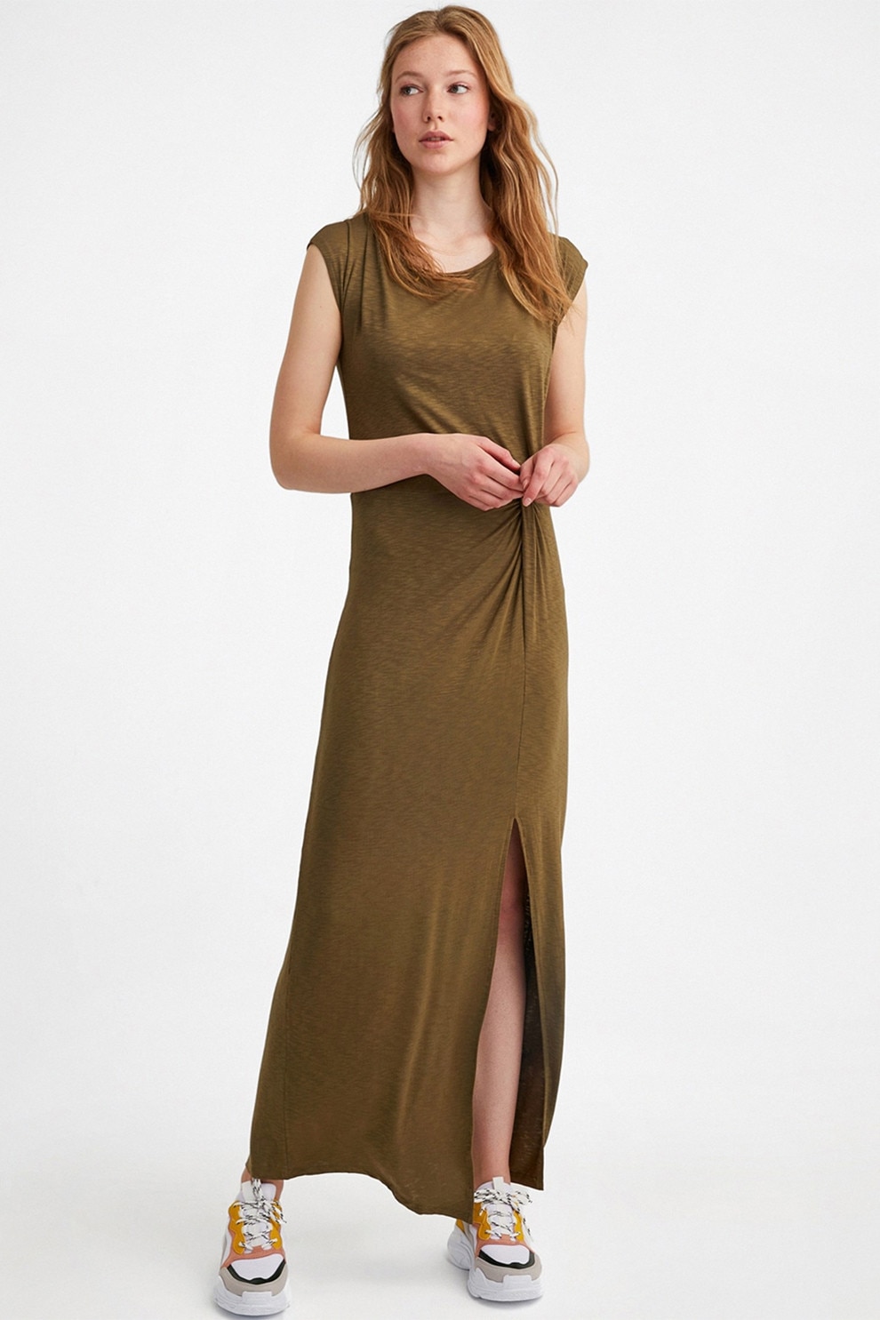 OXXO, Rochie maxi cu slit lateral si fronseuri, Verde masliniu, S