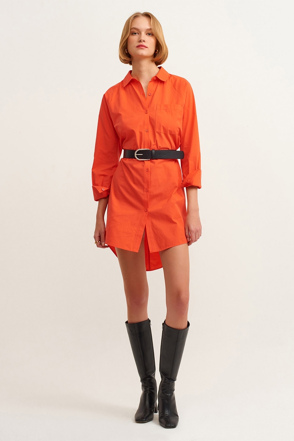 OXXO, Rochie-camasa de bumbac cu terminatie asimetrica, Coral, XS
