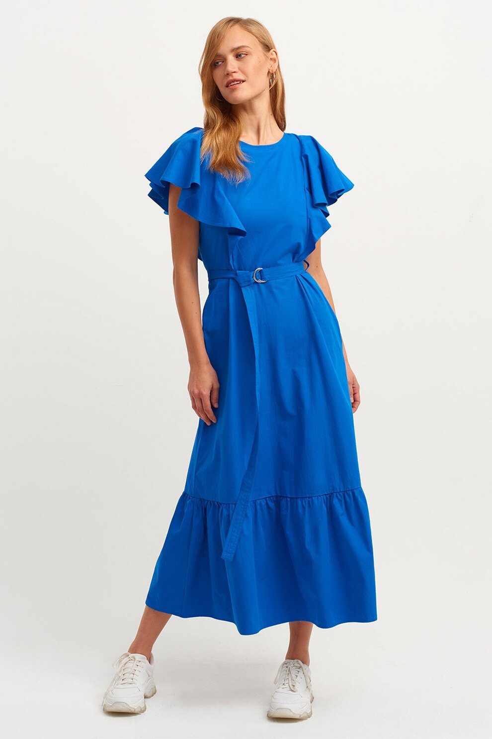 OXXO, Rochie de bumbac cu maneci cu volane, Albastru royal, XS