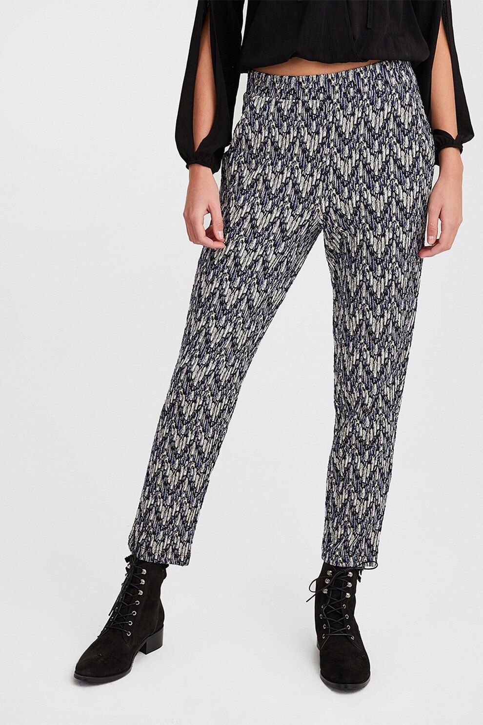 OXXO, Pantaloni crop conici cu talie elastica, Negru stins, Bej deschis, Bleumarin, L