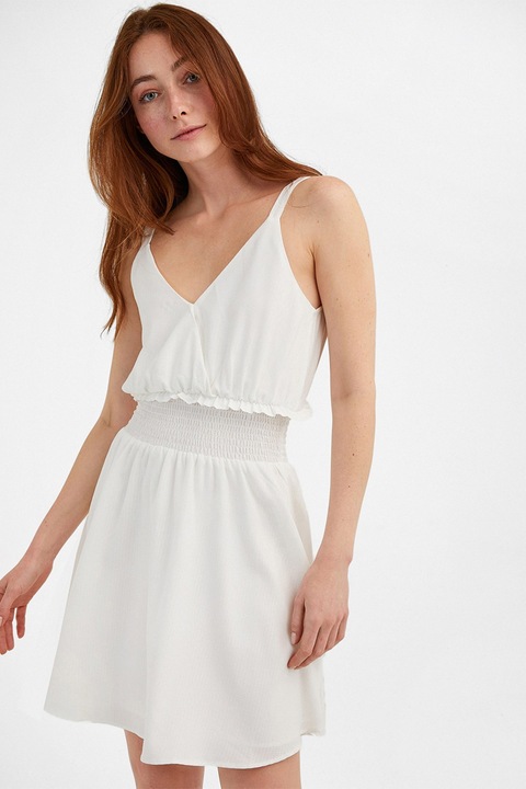 OXXO, Rochie mini cu decolteu in V si insertie elastica in talie, Alb fildes