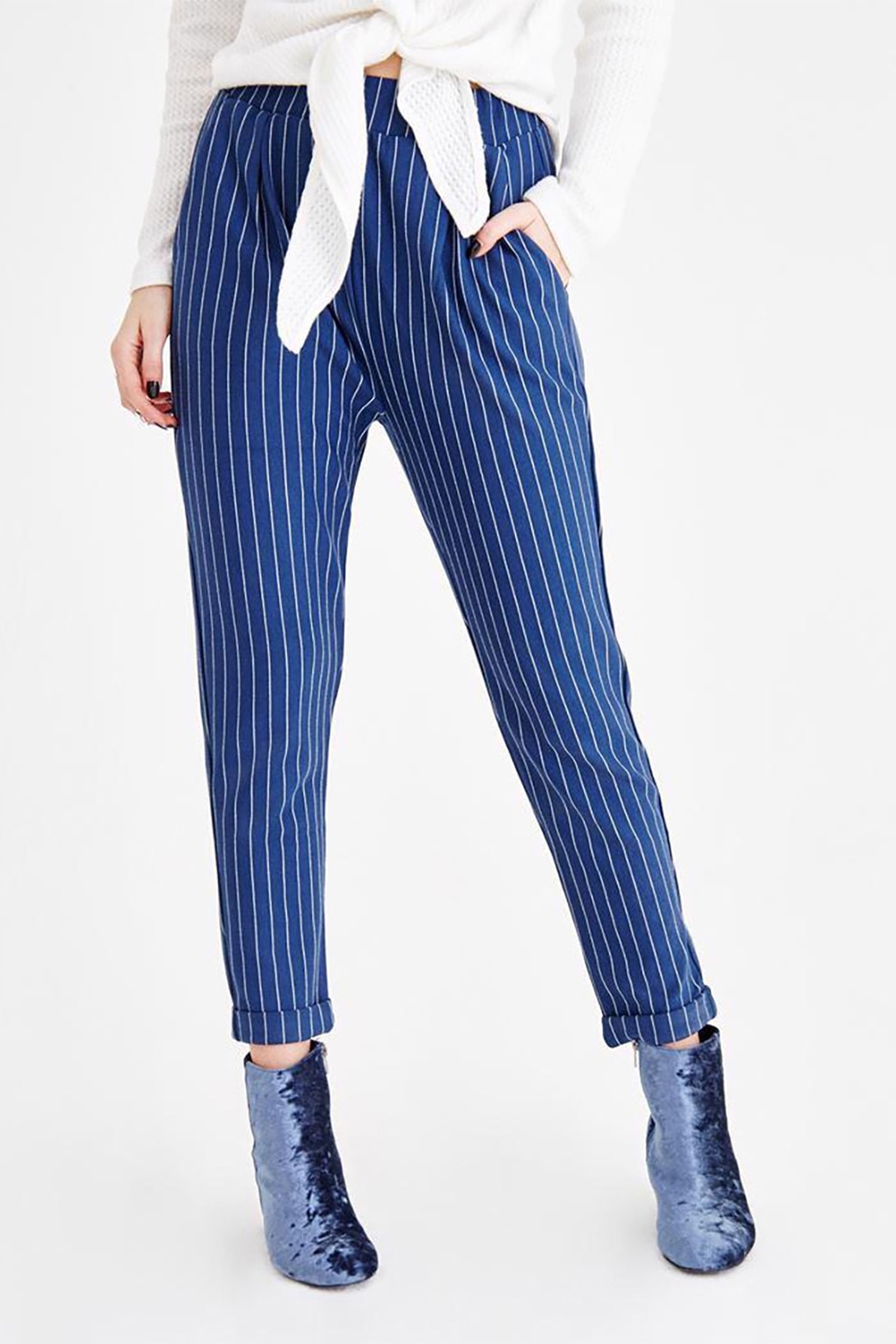 OXXO, Pantaloni crop cu model in dungi si buzunare laterale, Alb, Albastru, XS