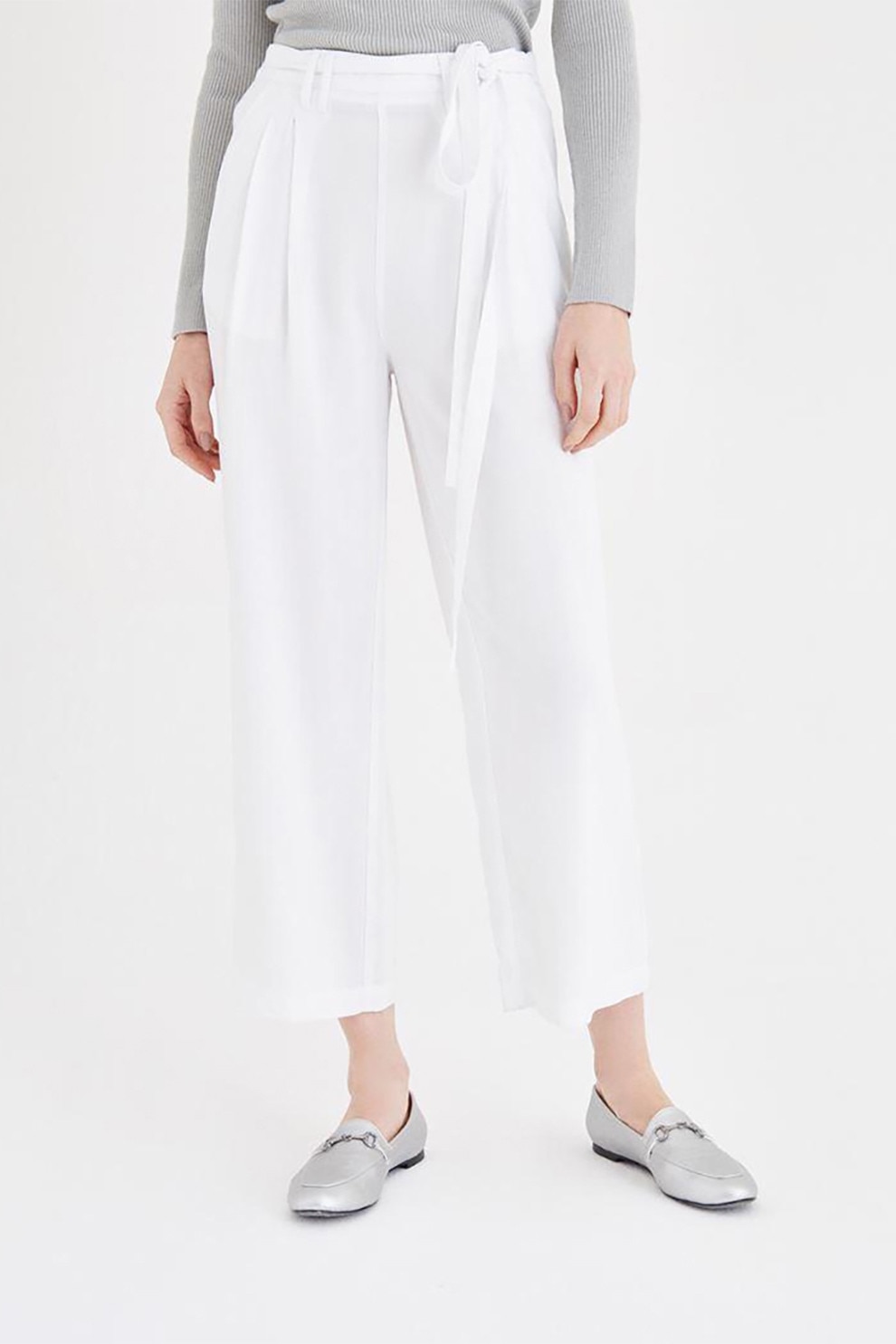 OXXO, Pantaloni crop relaxed fit cu snur, Alb optic, S
