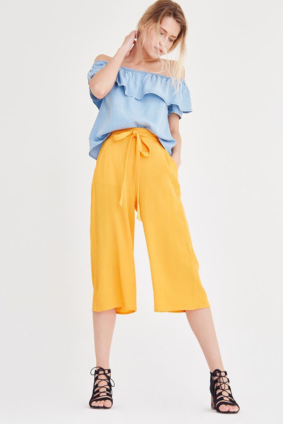 OXXO, Pantaloni culotte cu snur, Galben sofran, M