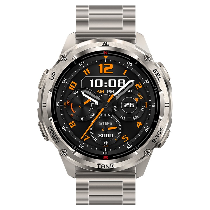Kospet Tank T3 Ultra 2 Special Edition okosóra, 1,43"-os AMOLED képernyő, Bluetooth, pulzusszám, véroxigén- és stressz-szint mérés, ezüst fémszíj