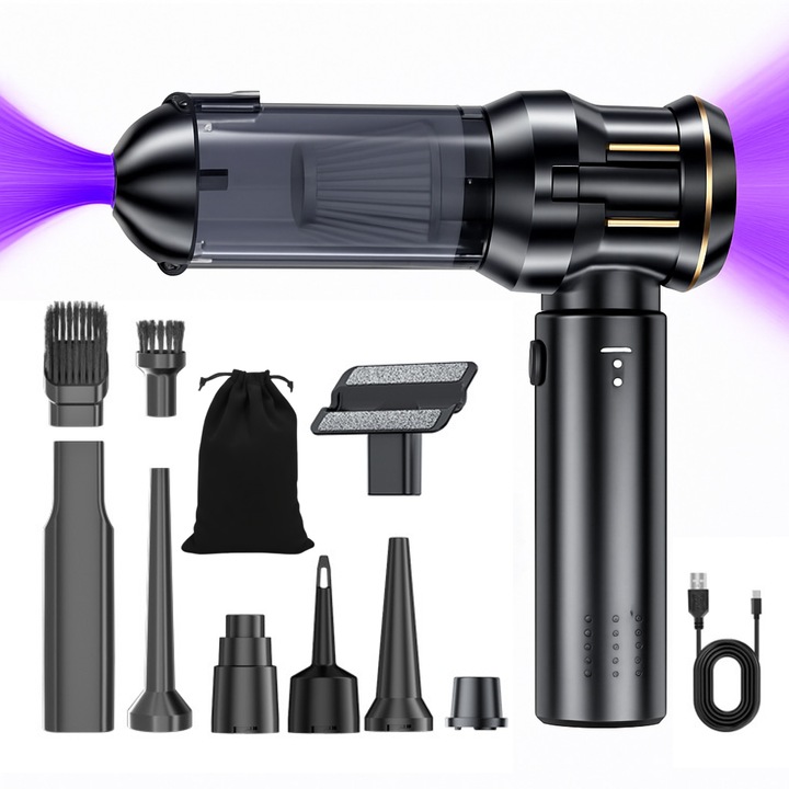 Aspirator Auto 4 in 1 Fara Fir IMA Trend®, De Mana, Portabil cu Acumulator, Putere 100W, 3 Viteze, 15000 Pa, Functie Suflanta, Aspirare, 80000 RPM, Filtru HEPA, Incarcare USB Type-C, Uz Casnic, Acumulator 6000 mAh, Negru